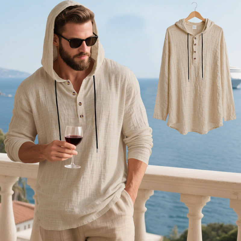 Mens Hooded Linen Long Sleeve T-Shirt