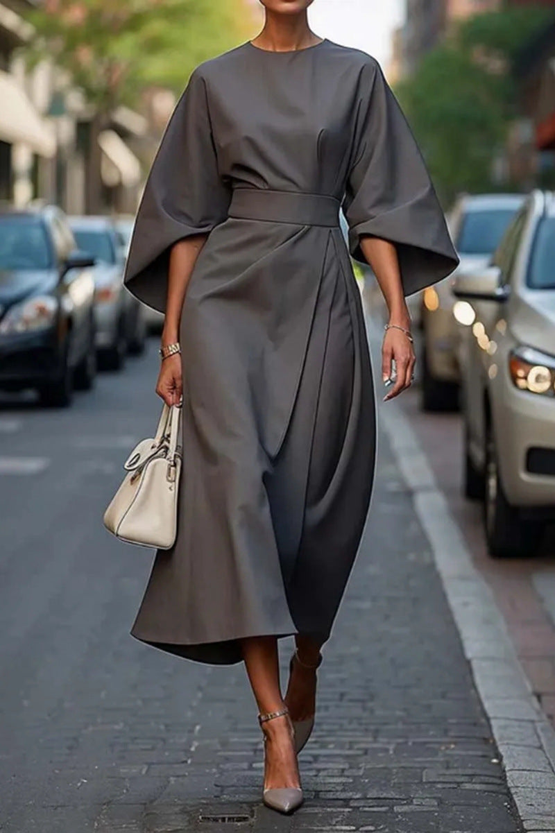 Womens Elegant Solid Color Waist-Cinching Batwing Sleeve Long Dress