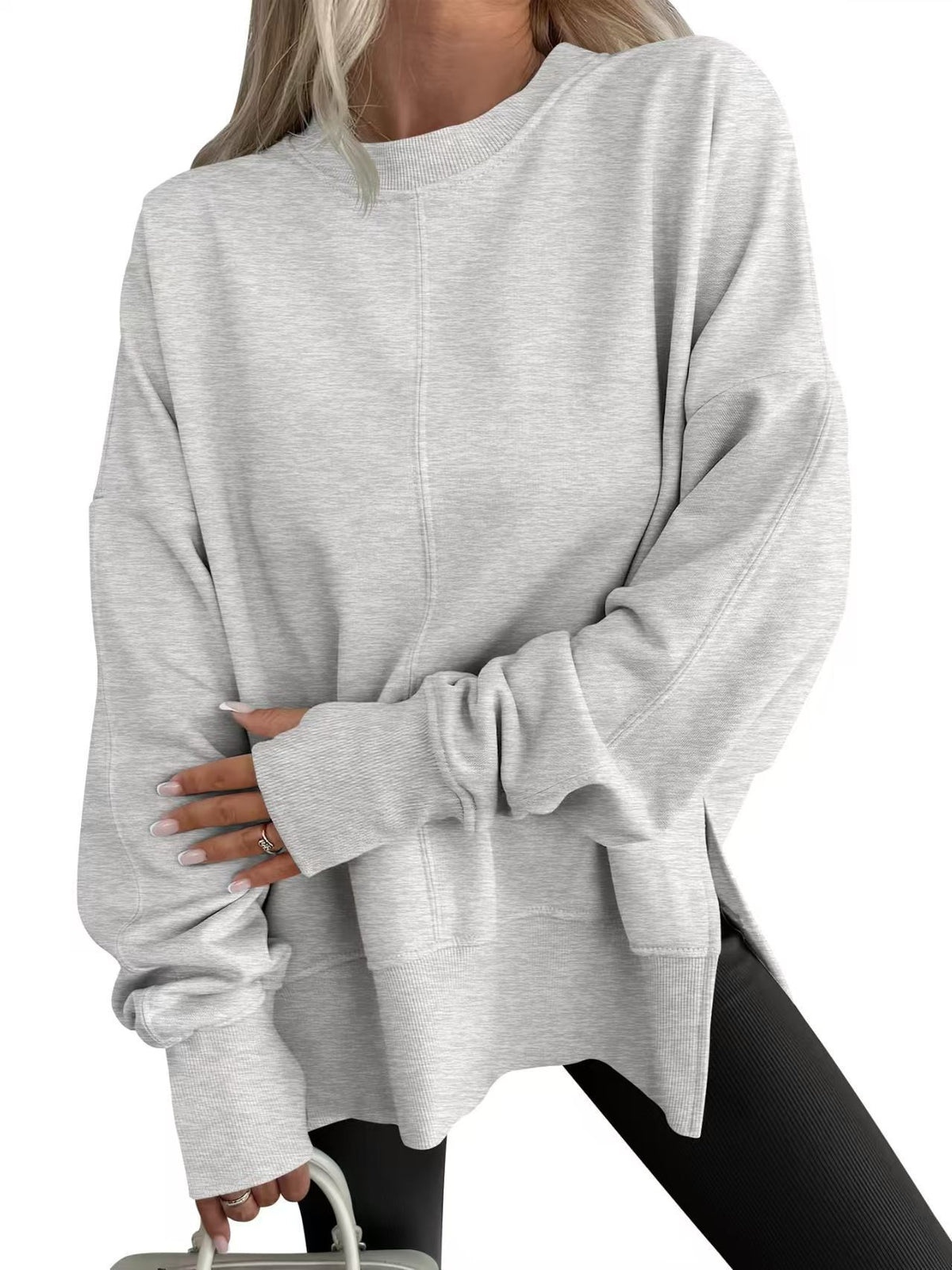 Womens Loose Bat Sleeve Side Slit Round Neck Fleece Lined Sweatshirt