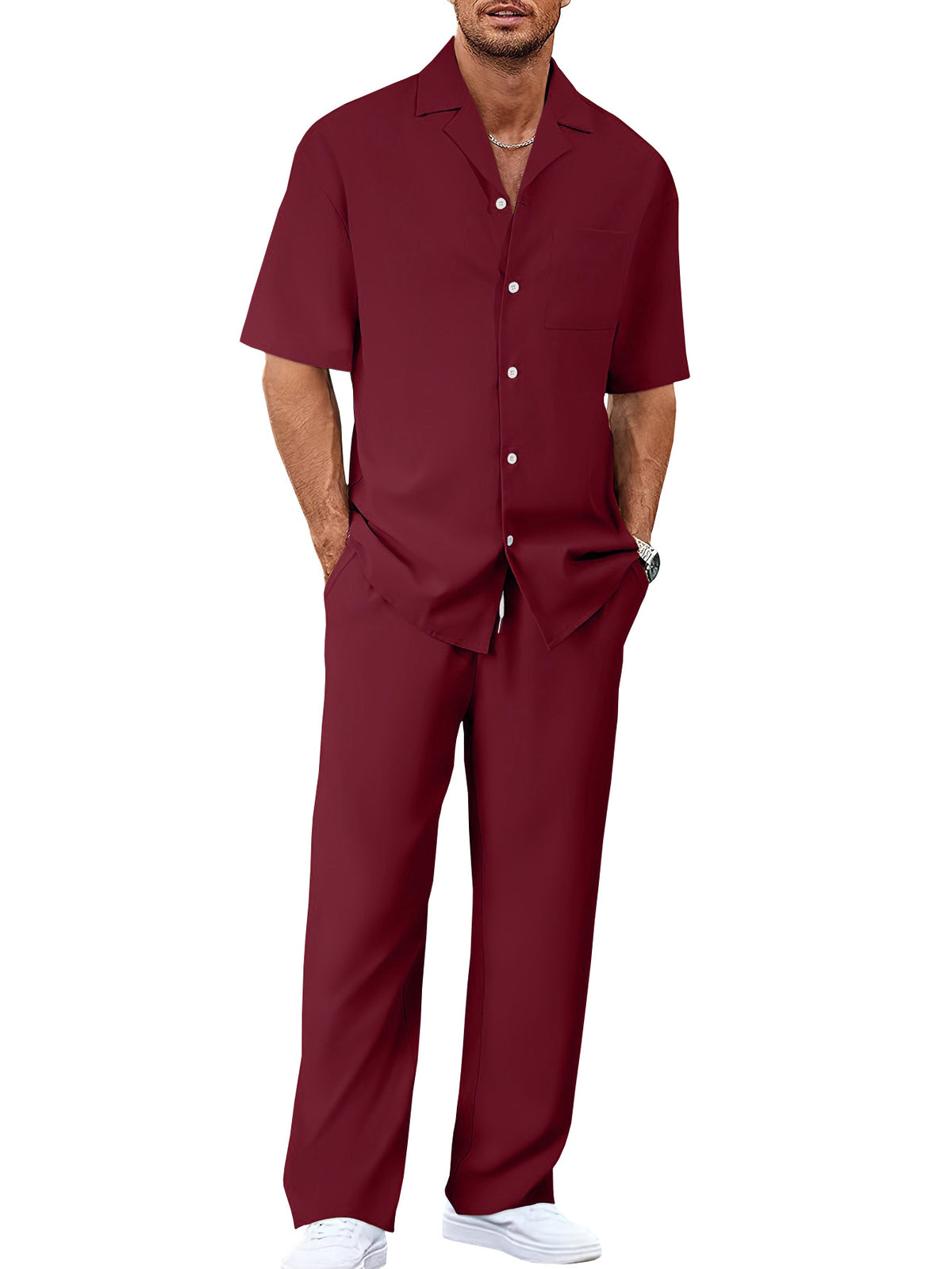 Mens Casual Two Piece Suit Loose Fit Short Sleeve Shirt and Trouser Set