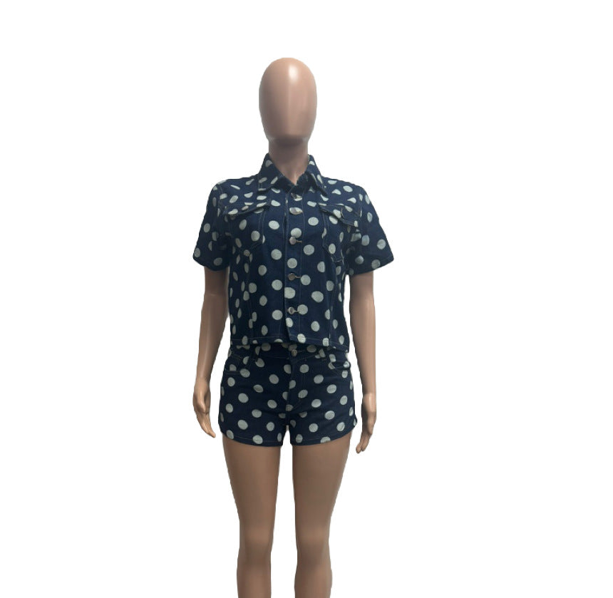 Printed Polka Dot Denim Two-Piece Set