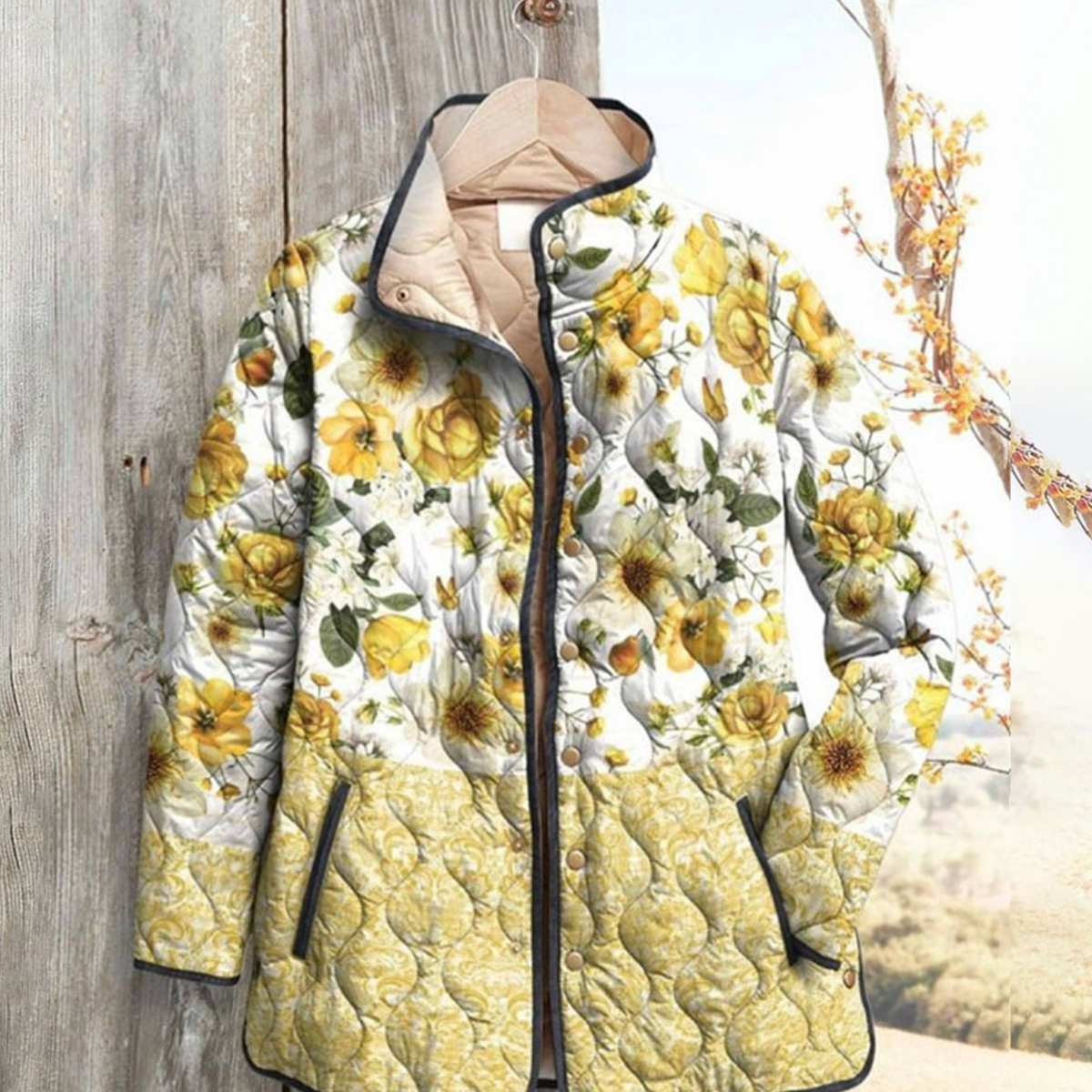 Women Floral Stand Collar Pleated Cotton Sweatshirt