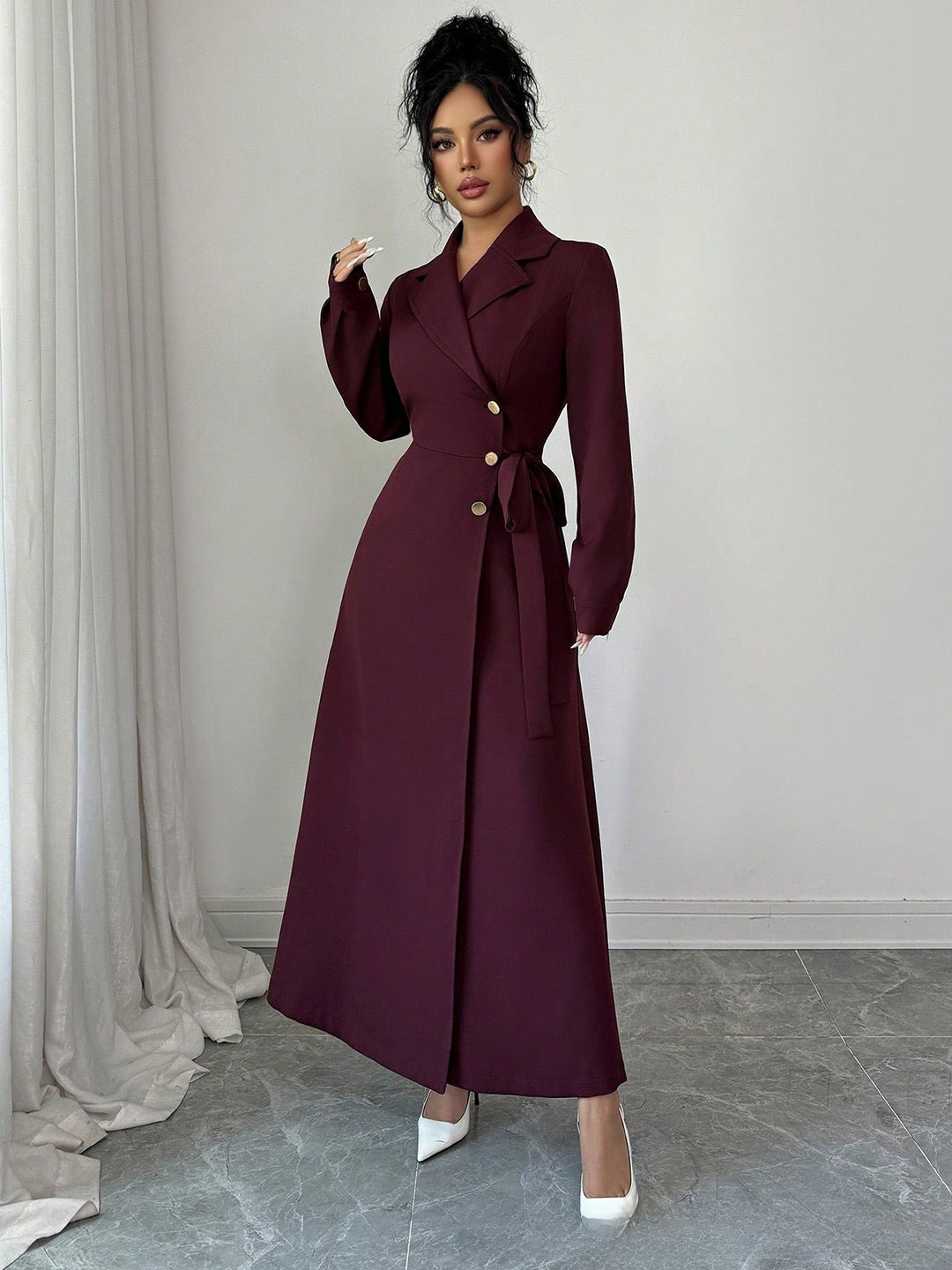 Womens Suit Collar Long Sleeve Waist Tie Dress