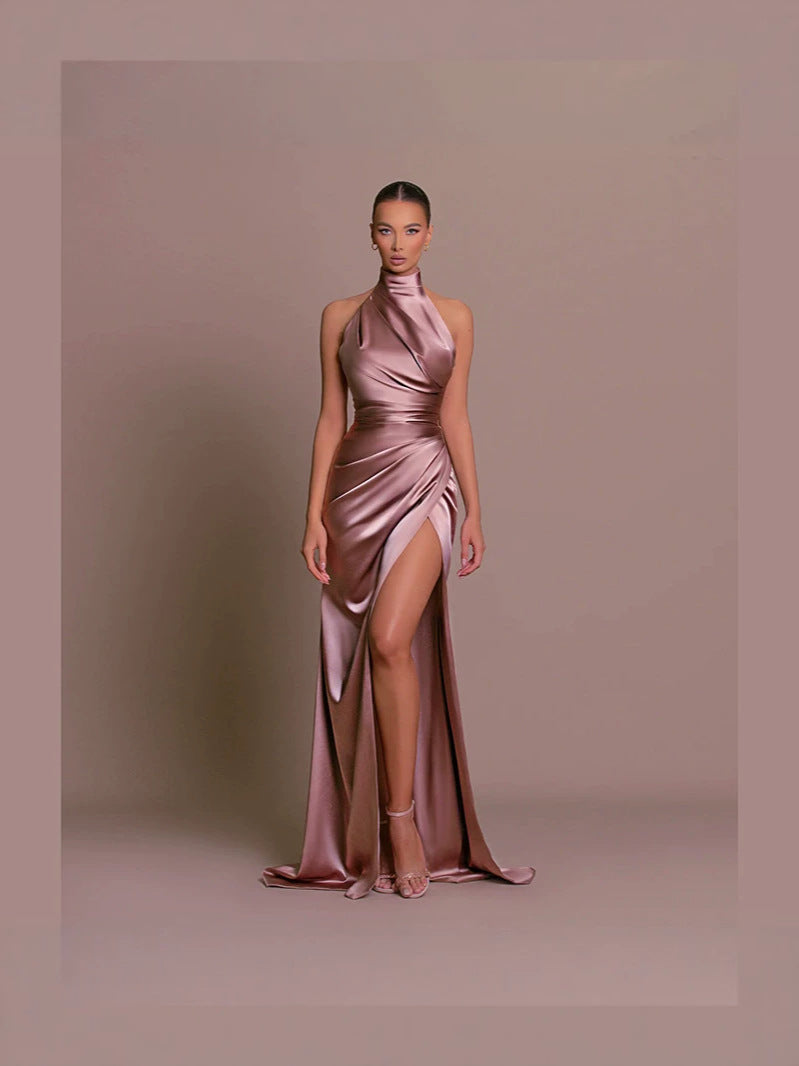Neck-baring tight-fitting, waist-shrinking, slit-bottomed dress formal gown