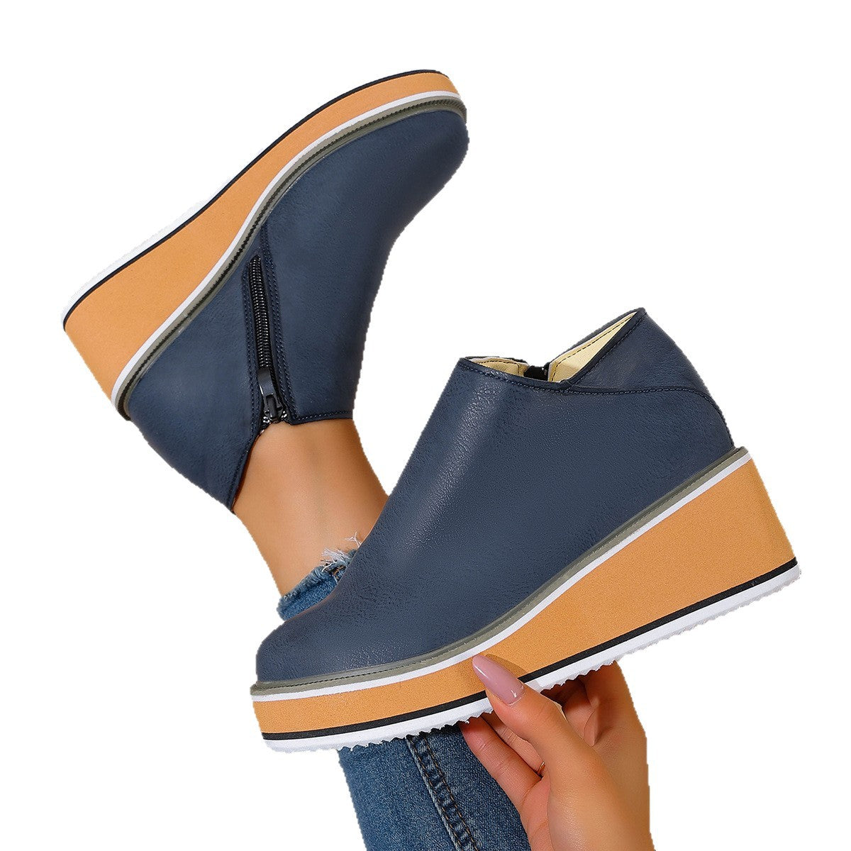 Womens Wedge Heel Ankle Boots Side Zipper Pointed Toe Comfortable Short Boots