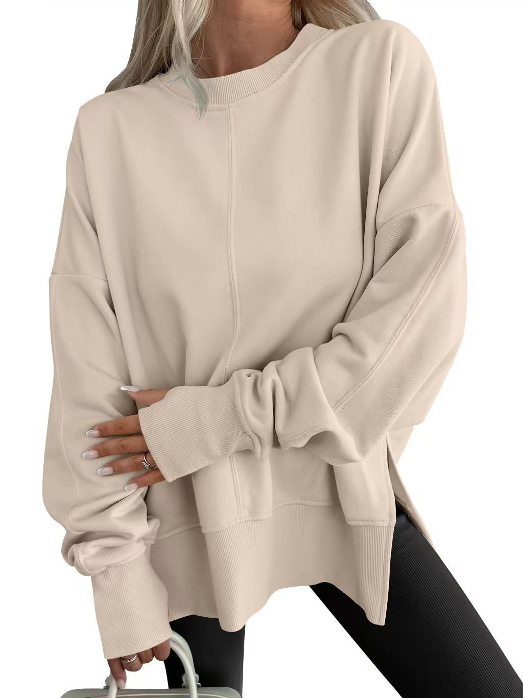 Womens Loose Bat Sleeve Side Slit Round Neck Fleece Lined Sweatshirt