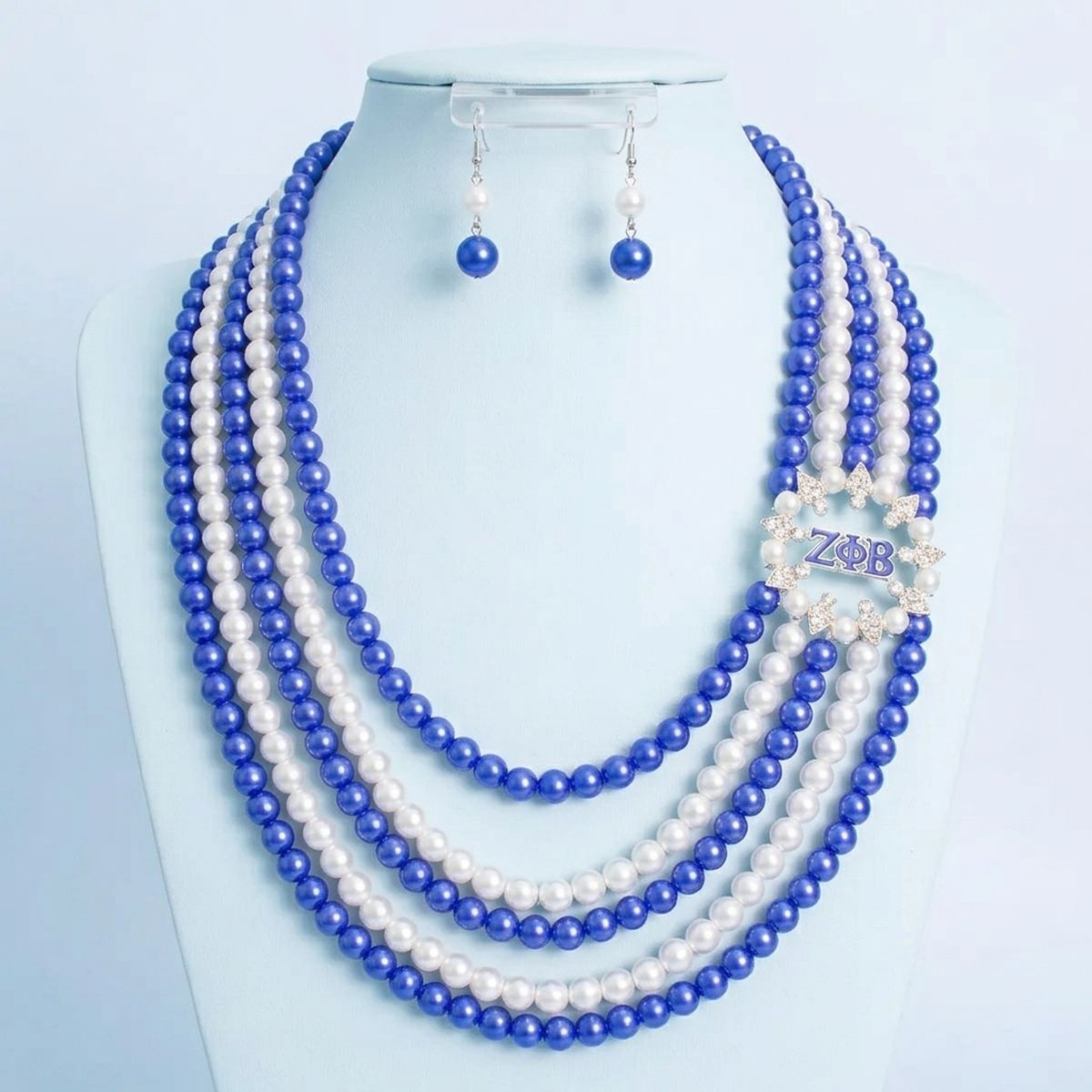 ZPB Blue & White Pearl Layered Necklace & Earring Set