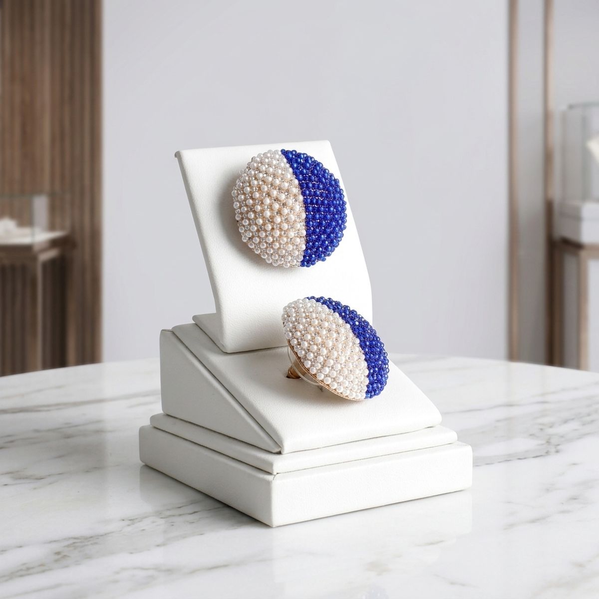 ZPB Blue and White Dome Pearl Stone Stud Earrings