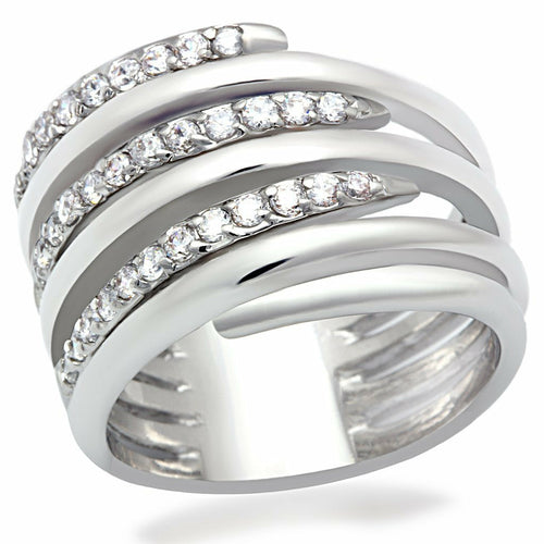 Ezra LO2075 rhodium brass ring with AAA grade clear cubic zirconia, showcasing a sparkling, elegant jewelry design.