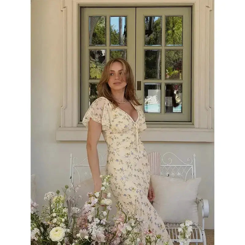 Vintage Print High Neck Midi Dress Belted Waist Bell Sleeve Flared Hem 2026 Summer Spring Chic Women Elegant Wedding Guest Gown by Dropshipman