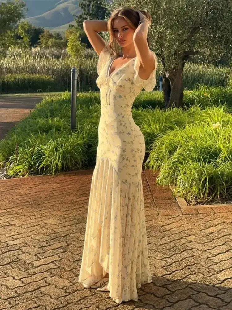 Vintage Print High Neck Midi Dress Belted Waist Bell Sleeve Flared Hem 2026 Summer Spring Chic Women Elegant Wedding Guest Gown by Dropshipman