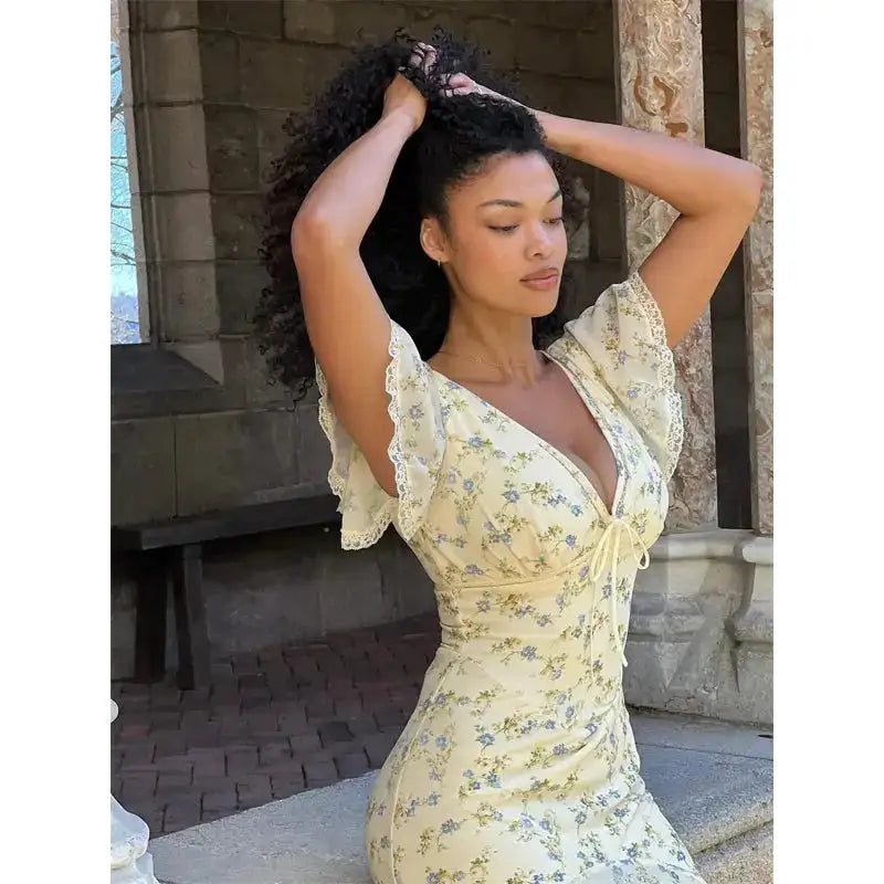Vintage Print High Neck Midi Dress Belted Waist Bell Sleeve Flared Hem 2026 Summer Spring Chic Women Elegant Wedding Guest Gown by Dropshipman