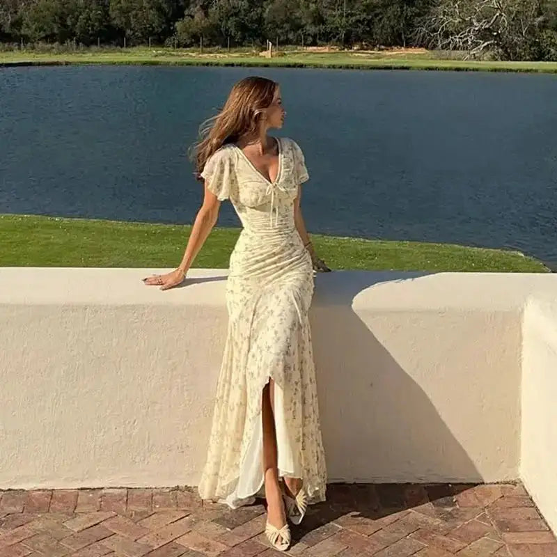 Vintage Print High Neck Midi Dress Belted Waist Bell Sleeve Flared Hem 2026 Summer Spring Chic Women Elegant Wedding Guest Gown by Dropshipman