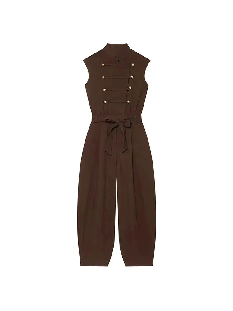 Women Long Jumpsuits 2026 Sleeveless Playsuits Elegant Solid Color Rompers Casual Stand Collar Belt Fashion Commuting Outfit by Dropshipman