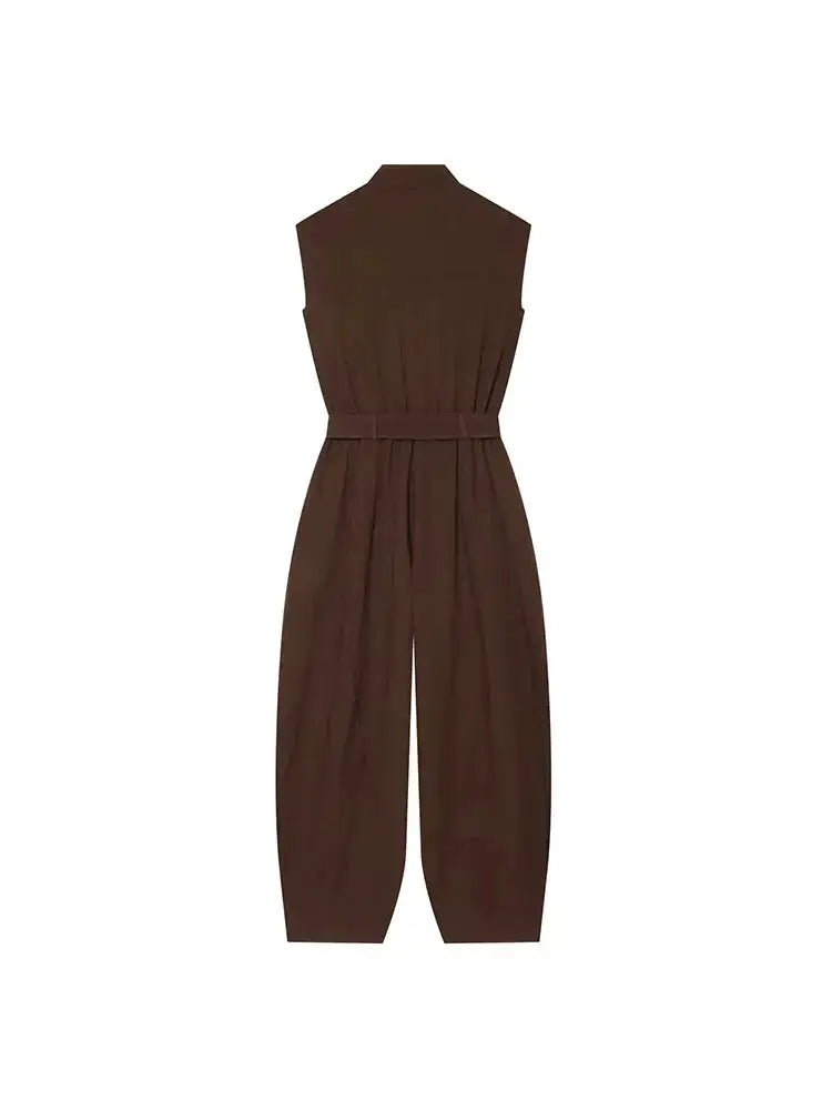 Women Long Jumpsuits 2026 Sleeveless Playsuits Elegant Solid Color Rompers Casual Stand Collar Belt Fashion Commuting Outfit by Dropshipman
