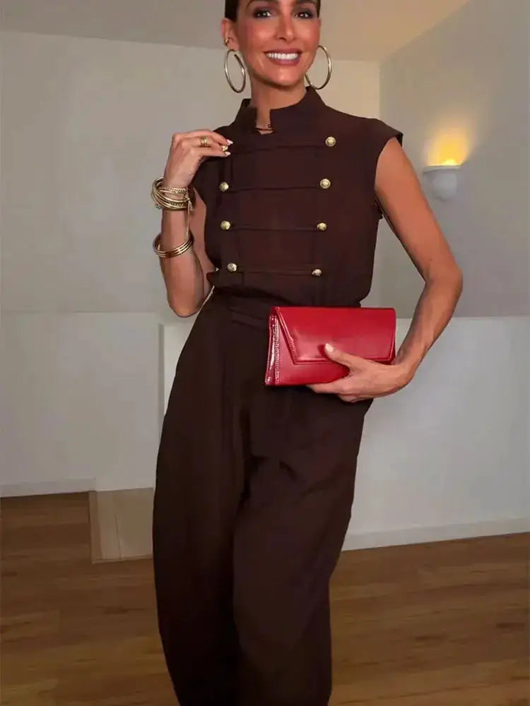 Women Long Jumpsuits 2026 Sleeveless Playsuits Elegant Solid Color Rompers Casual Stand Collar Belt Fashion Commuting Outfit by Dropshipman
