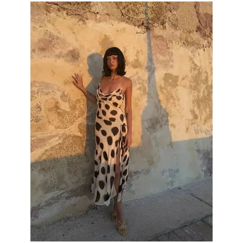 Women Two Tone Dot Print Long Sleeve Split Midi Dress Y2K Deep V Drawstring Slim Mermaid Skirt 2026 Street Club Party Outfit by Dropshipman