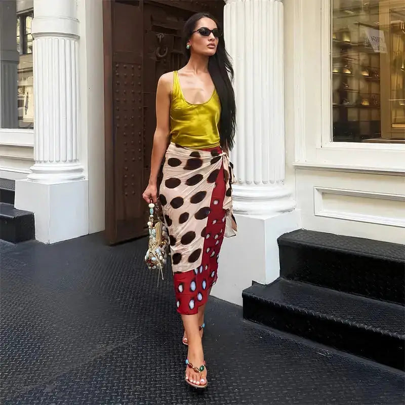 Women Two Tone Dot Print Long Sleeve Split Midi Dress Y2K Deep V Drawstring Slim Mermaid Skirt 2026 Street Club Party Outfit by Dropshipman