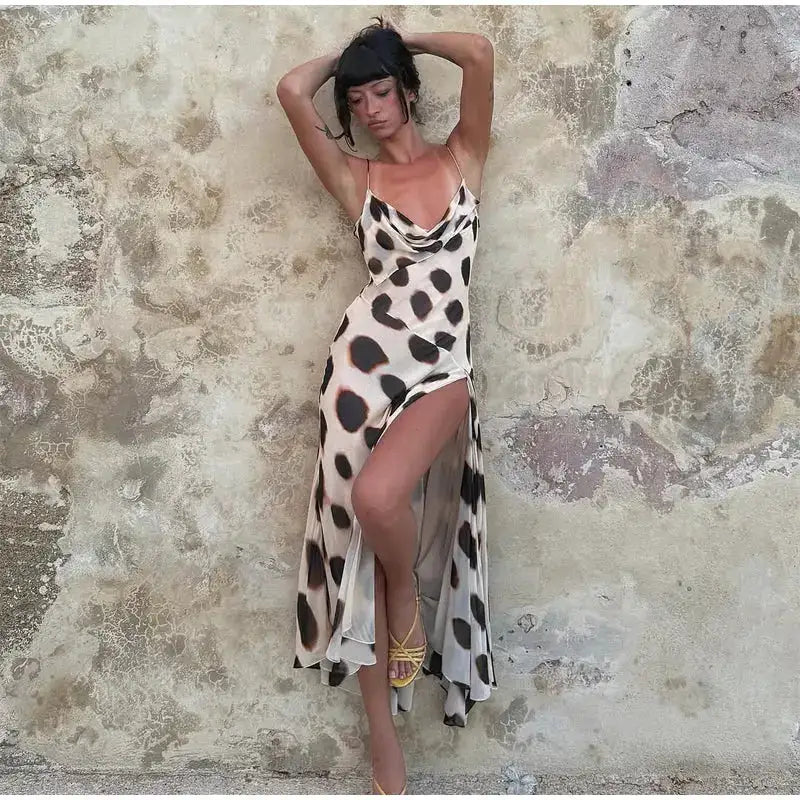 Women Two Tone Dot Print Long Sleeve Split Midi Dress Y2K Deep V Drawstring Slim Mermaid Skirt 2026 Street Club Party Outfit by Dropshipman