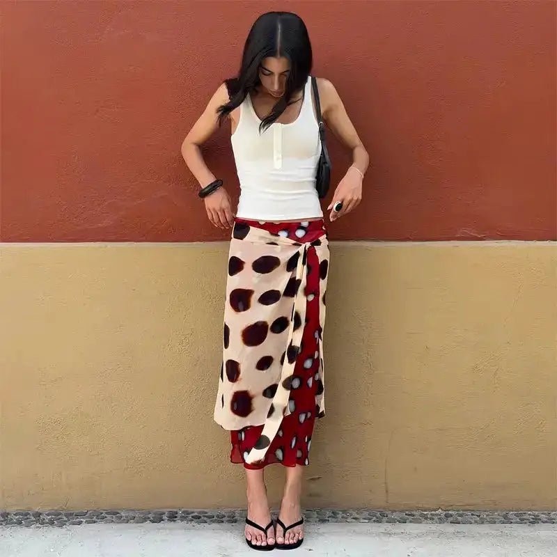 Women Two Tone Dot Print Long Sleeve Split Midi Dress Y2K Deep V Drawstring Slim Mermaid Skirt 2026 Street Club Party Outfit by Dropshipman