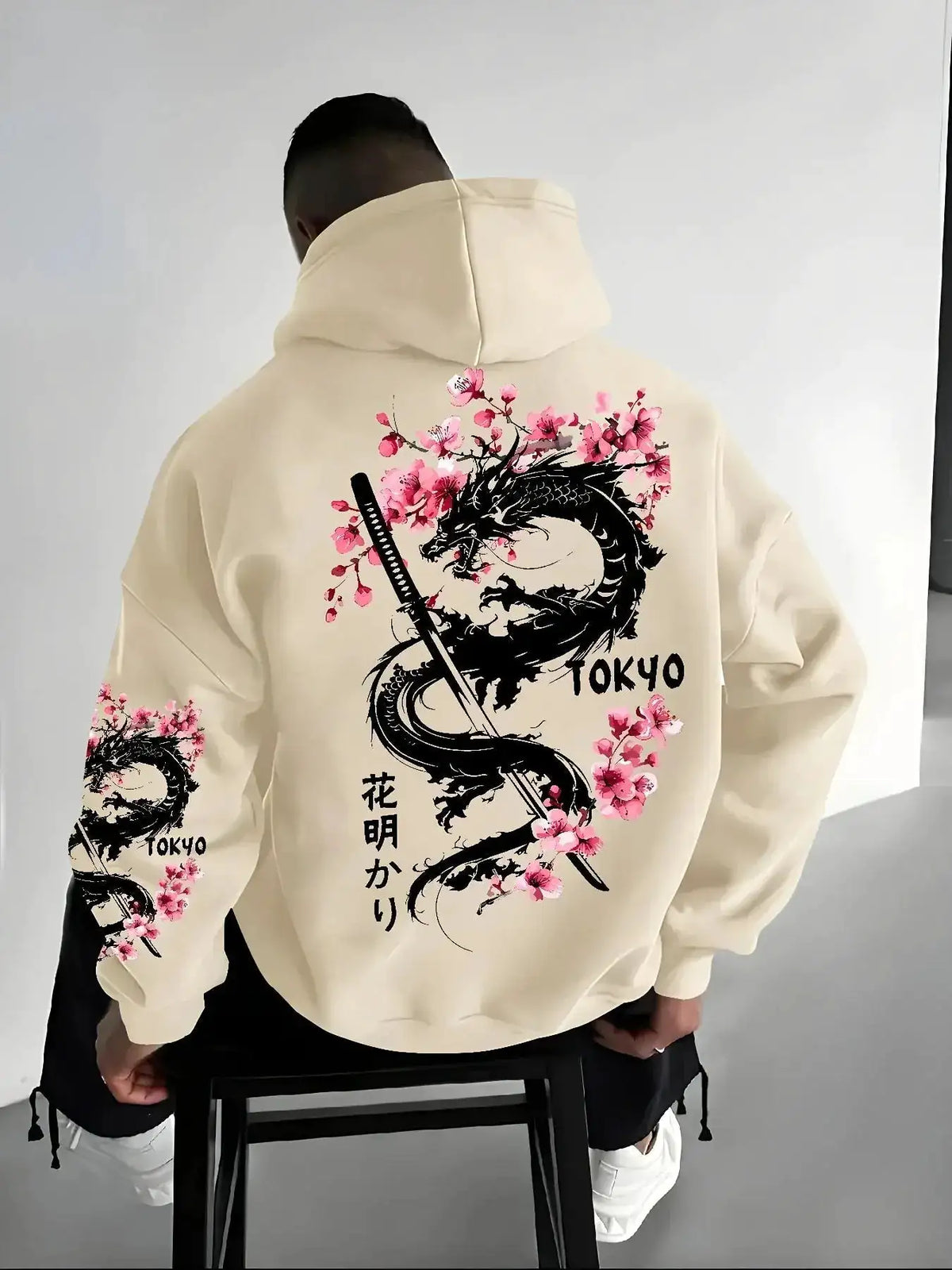 Japan Men Women Anime Dragon Sakura Print Hoodie Street Harajuku Y2K Sports Casual Loose Autumn Winter Warm Sweatshirt Clothing by Dropshipman