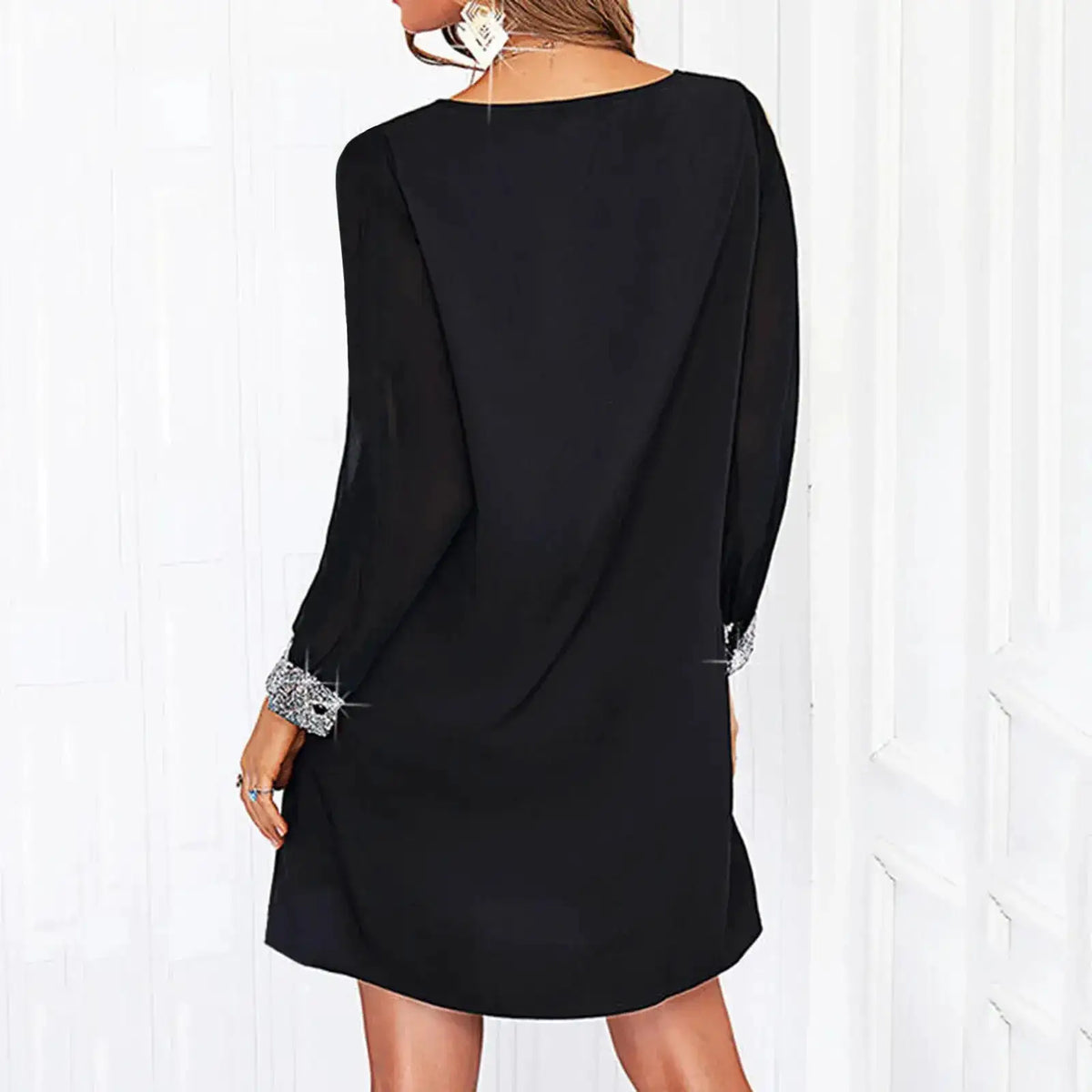 Dresses For Women 2025 Elegant Shiny Mesh Stitching Long Sleeve Robe Solid Color V Neck Mini Dress Evening Party Dresses Vestido by Dropshipman
