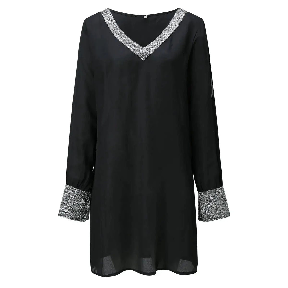 Dresses For Women 2025 Elegant Shiny Mesh Stitching Long Sleeve Robe Solid Color V Neck Mini Dress Evening Party Dresses Vestido by Dropshipman