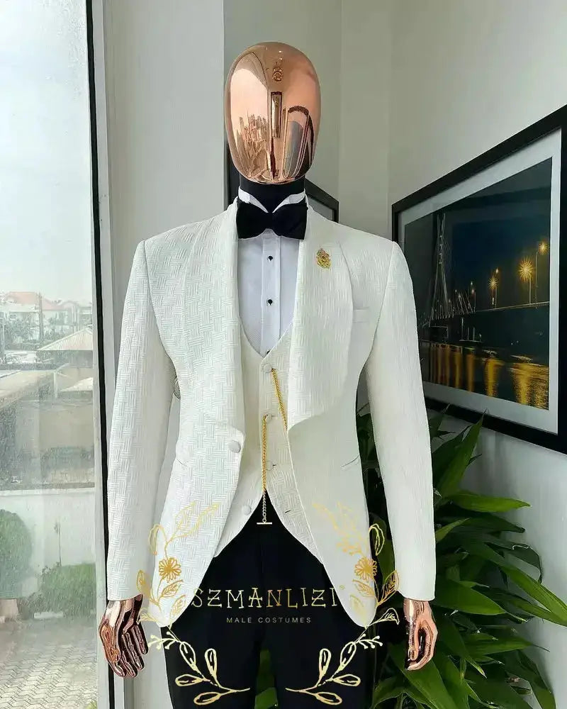 Suits Sets For Men Fashion White Plaid Blazer Vest Floral Pants 3 Pieces Formal Party Tailor-made Elegant Slim Fit Costumes by Dropshipman