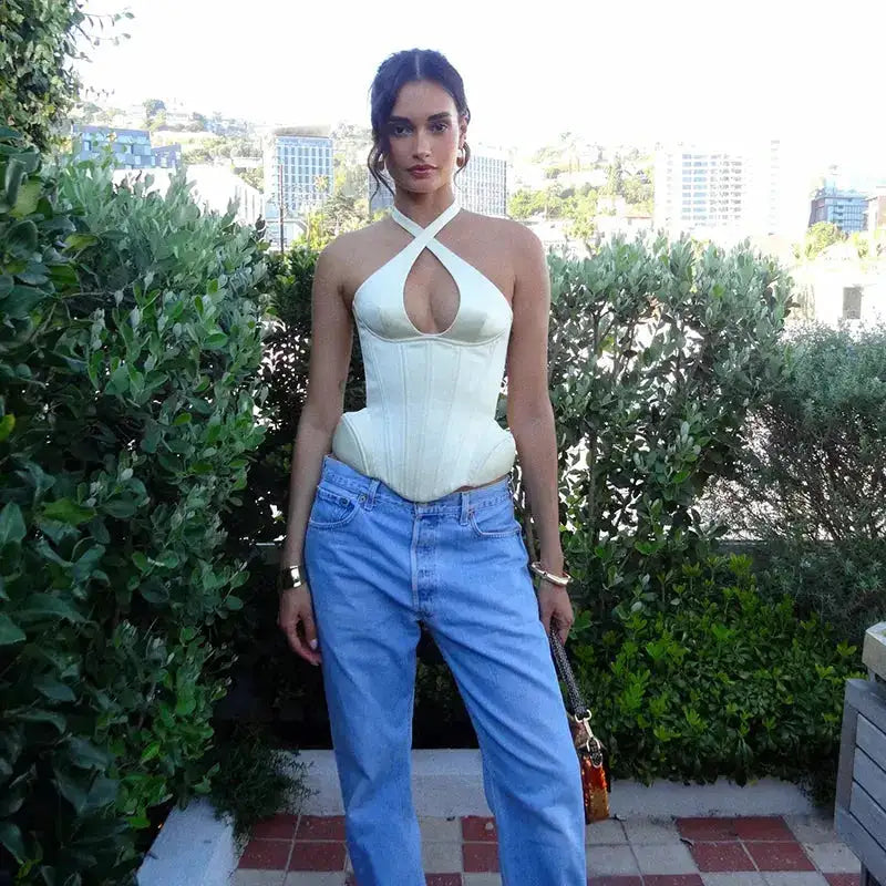 Sexy Hollow-out Fishbone Tank Tops 2026 Summer New Female Solid Halter Lace-up Backless Sleeveless Vest Women&