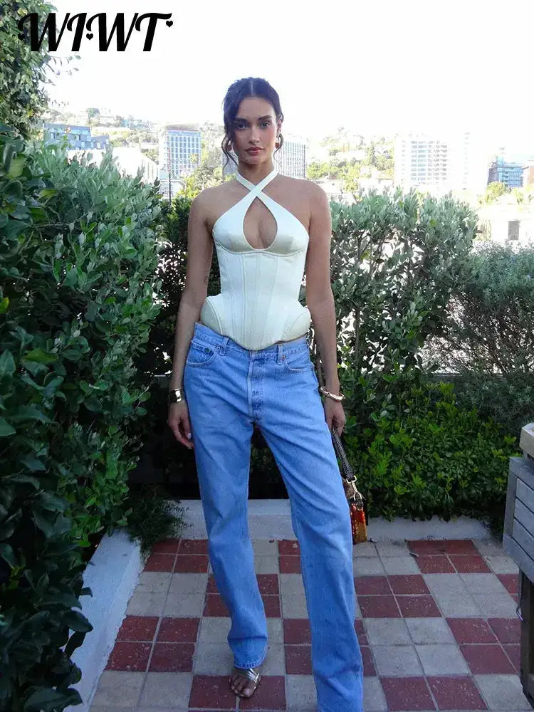 Sexy Hollow-out Fishbone Tank Tops 2026 Summer New Female Solid Halter Lace-up Backless Sleeveless Vest Women&