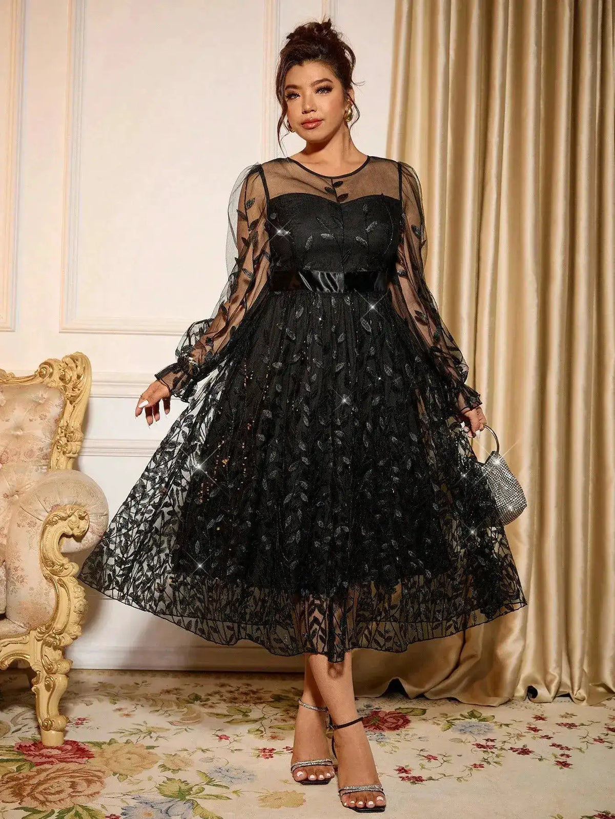 Sophisticated Dinner Dress with Sheer Sleeves and Sparkling Details for Galas by Dropshipman
