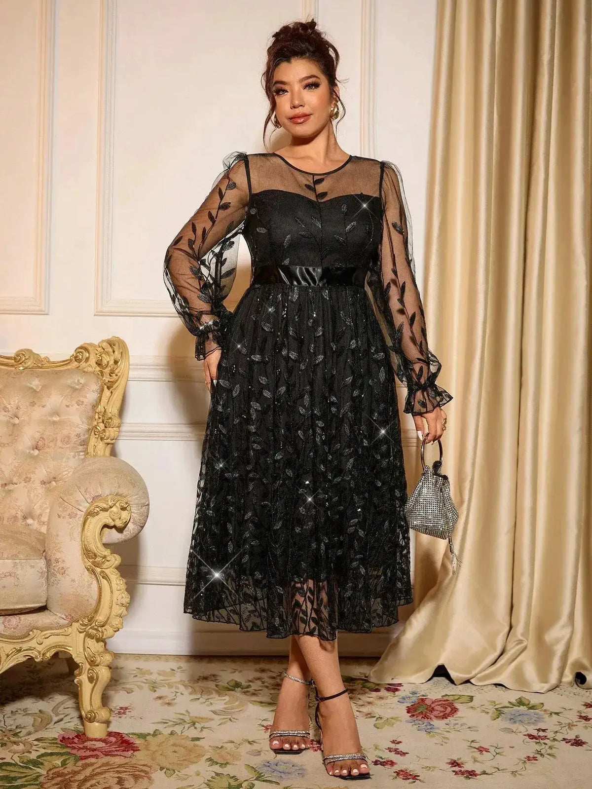 Sophisticated Dinner Dress with Sheer Sleeves and Sparkling Details for Galas by Dropshipman