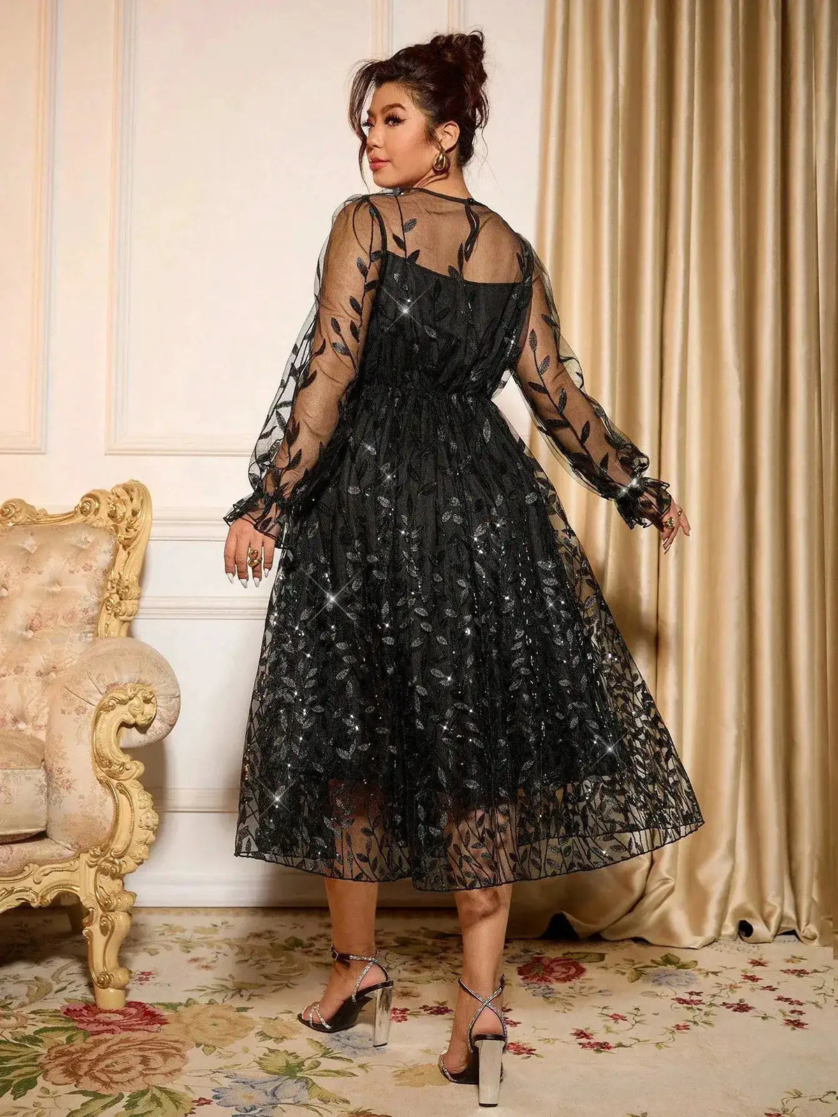 Sophisticated Dinner Dress with Sheer Sleeves and Sparkling Details for Galas by Dropshipman
