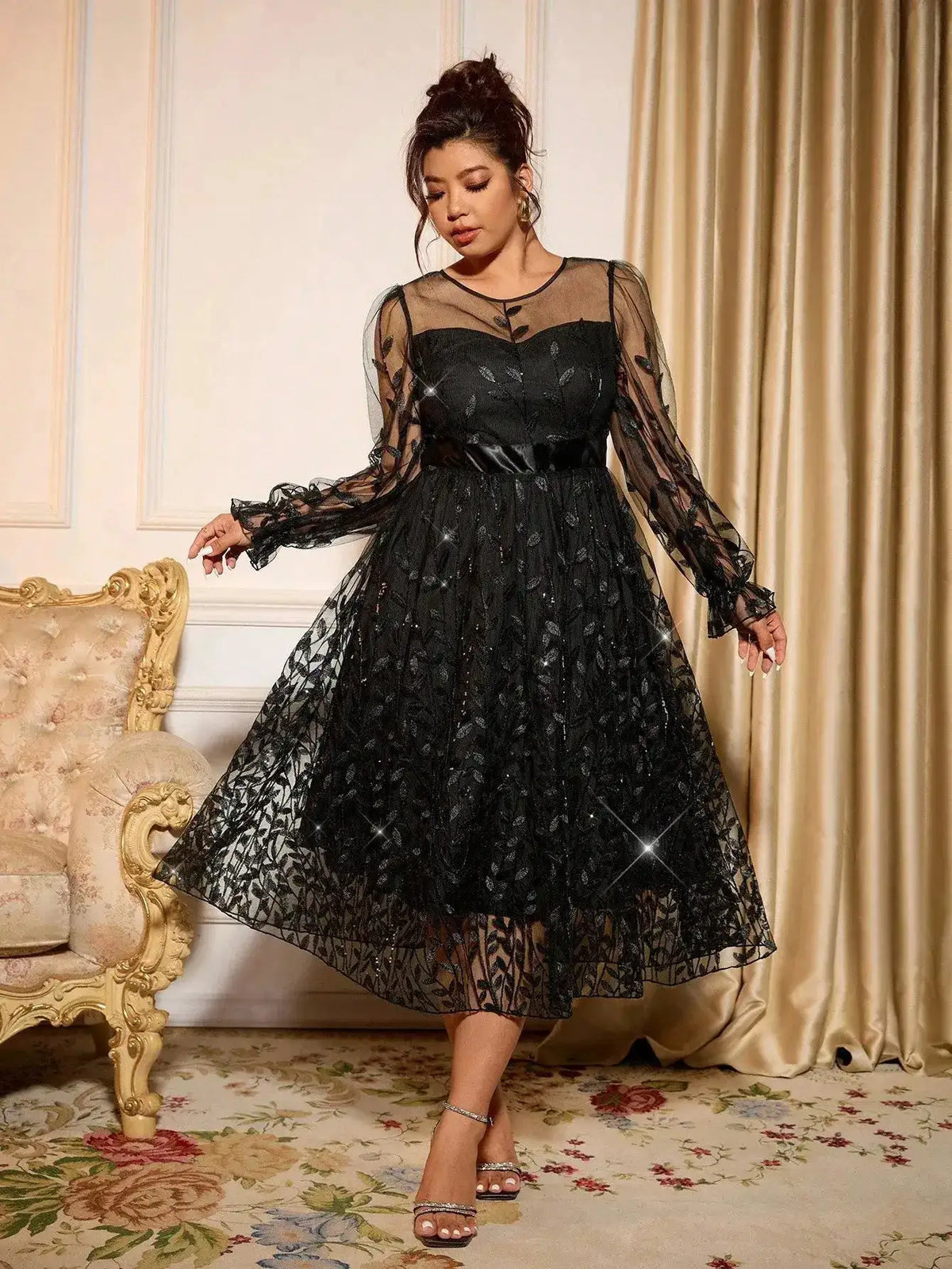 Sophisticated Dinner Dress with Sheer Sleeves and Sparkling Details for Galas by Dropshipman