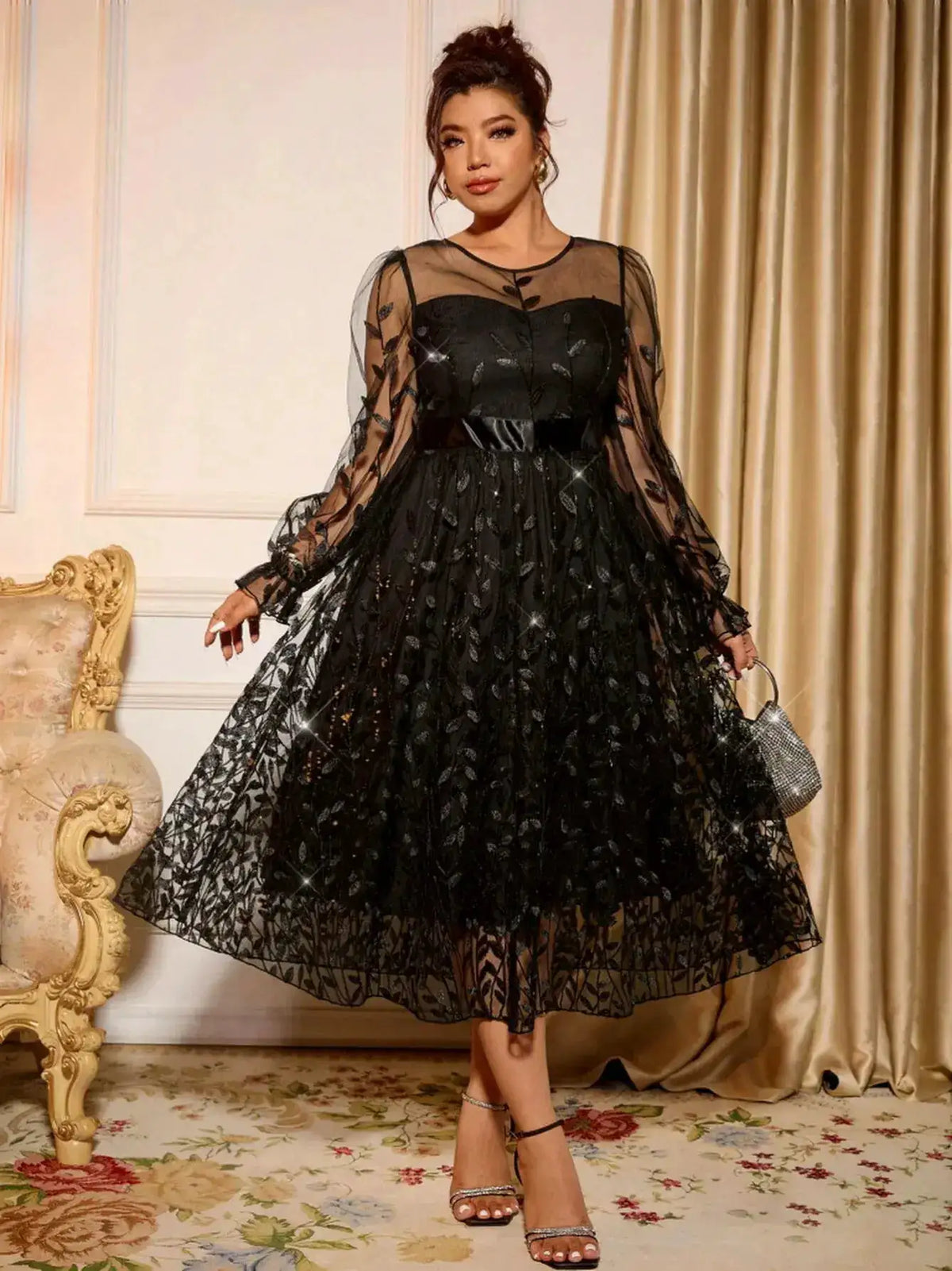Sophisticated Dinner Dress with Sheer Sleeves and Sparkling Details for Galas by Dropshipman