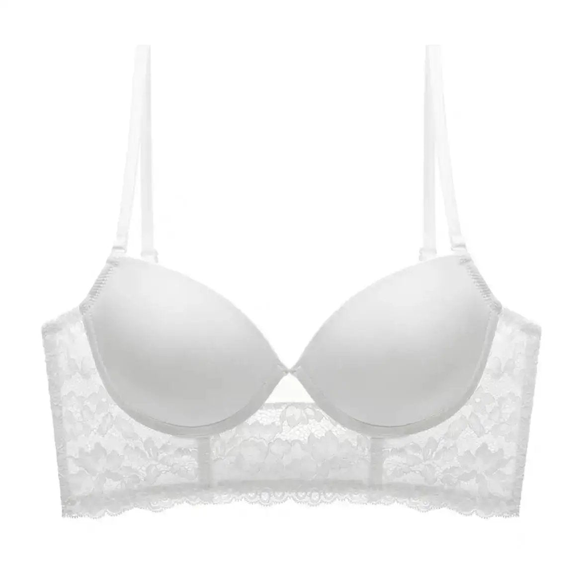 U-shaped back underwear large chest small full cup one-piece white lace gathered accessory breast anti-sagging bra by Dropshipman