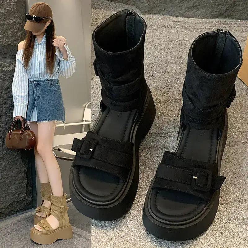 Platform Thick-Soled Height-Increasing Thong Sandals for Women 2025 New Summer Sandals Western Cowboy Pile Boots Flip-Flops Short Boots by Dropshipman