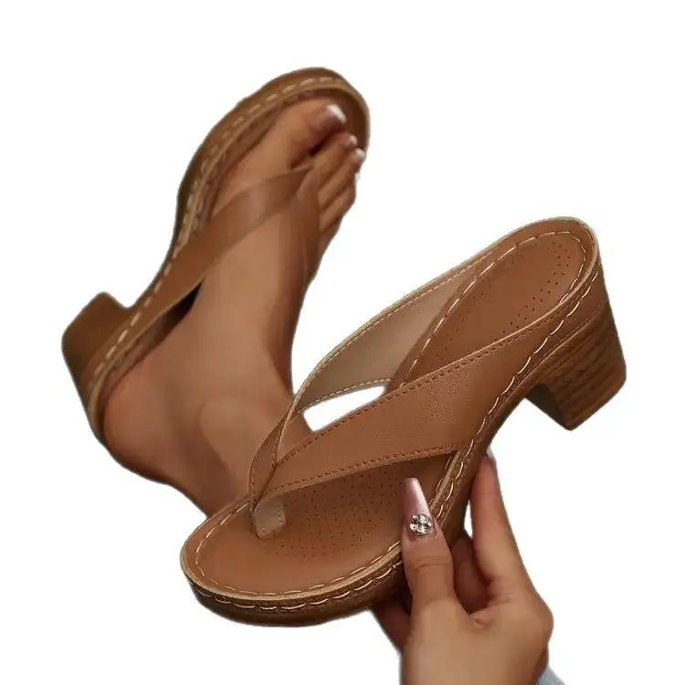 2025 Summer New Export Large Size Slippers for Women European and American Thong High Heels Thick Heels Casual Outer Wear Beach Sandals for Women by Dropshipman