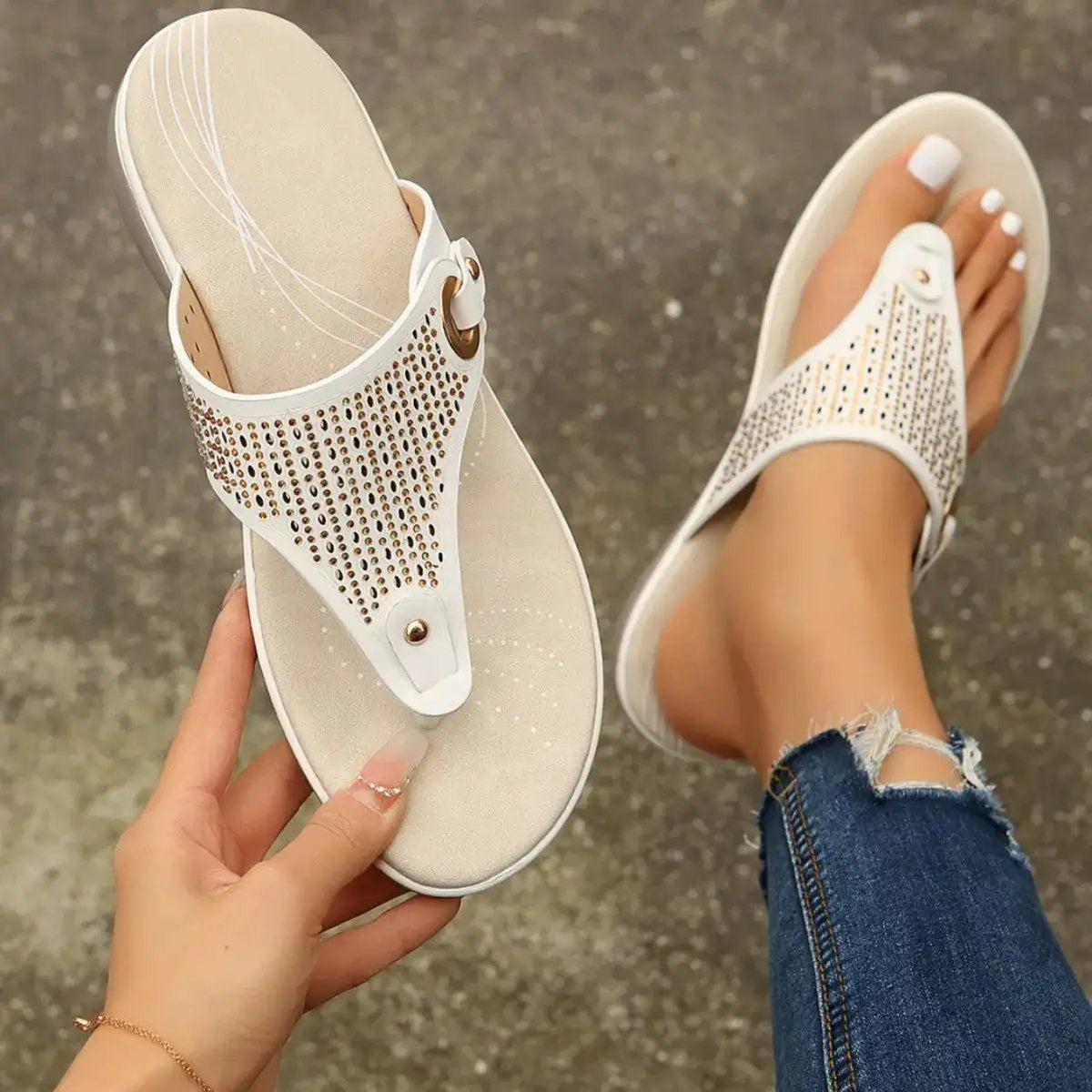 Summer New Wedge-Heeled Slippers for Women, Heightening Casual Rhinestone Thong Sandals for Outer Wear, Beach Flip-Flops, Large Size Shoes by Dropshipman