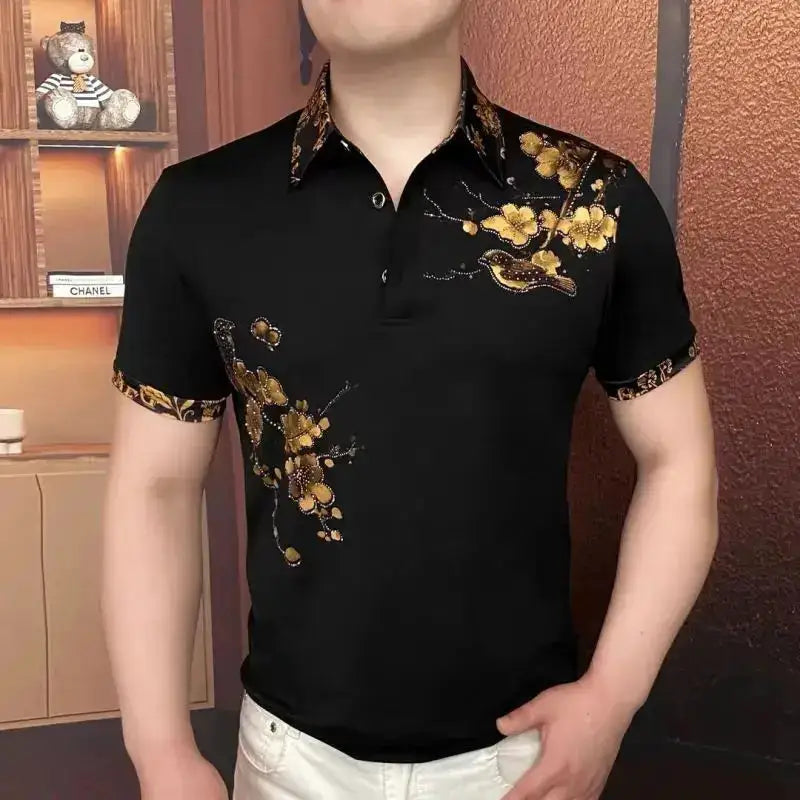 Luxury Flower Embroidered Rhinestone Lapel T-shirt Men Summer Short Sleeve Casual Business POLO Shirts Social Banquet Tshirts by Dropshipman