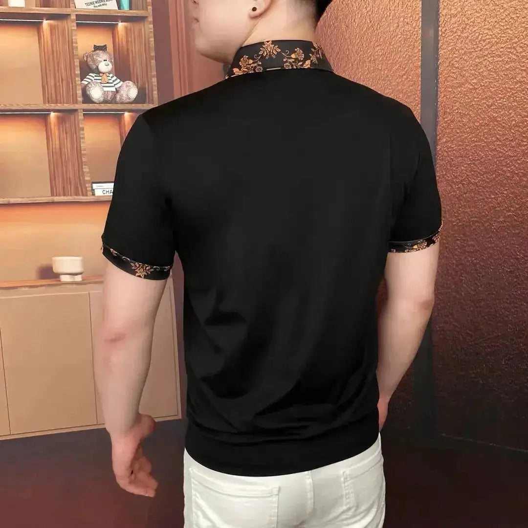Luxury Flower Embroidered Rhinestone Lapel T-shirt Men Summer Short Sleeve Casual Business POLO Shirts Social Banquet Tshirts by Dropshipman