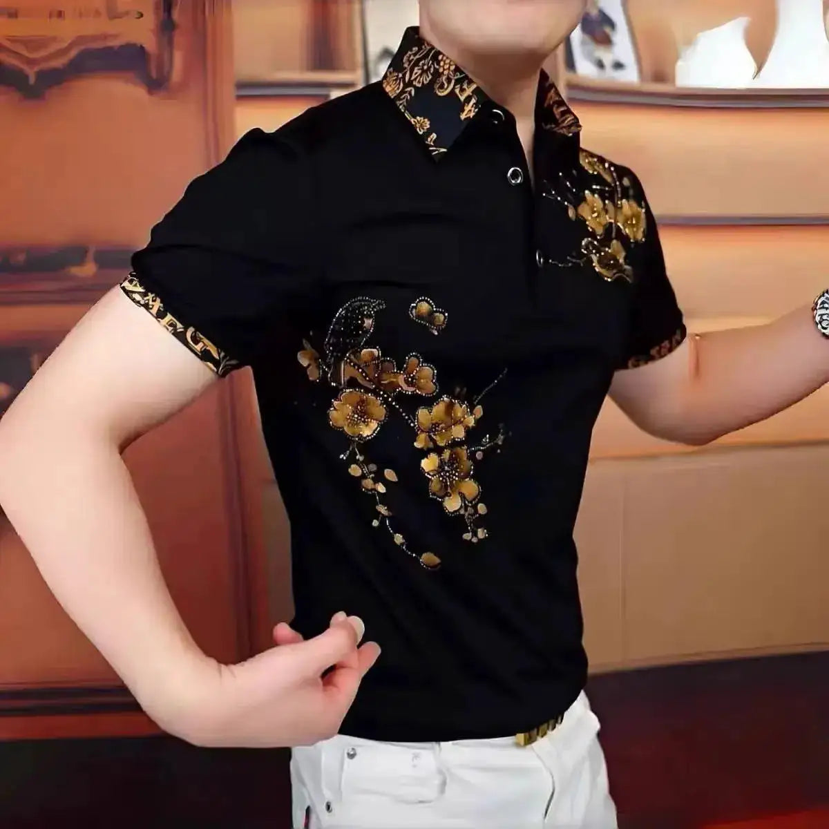 Luxury Flower Embroidered Rhinestone Lapel T-shirt Men Summer Short Sleeve Casual Business POLO Shirts Social Banquet Tshirts by Dropshipman
