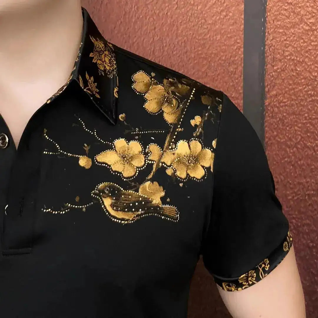 Luxury Flower Embroidered Rhinestone Lapel T-shirt Men Summer Short Sleeve Casual Business POLO Shirts Social Banquet Tshirts by Dropshipman
