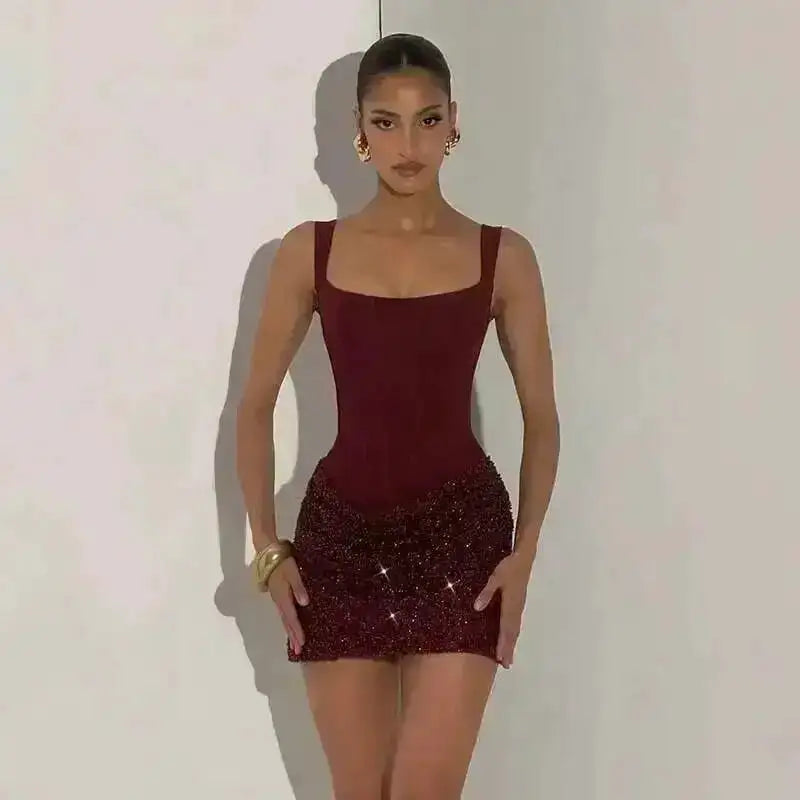 Townlike Pleated Slim Bodycon Dress Women Spaghetti Strap Mini 2026 Summer Dress Sequin Evening Nightclub Sexy Party Dresses by Dropshipman