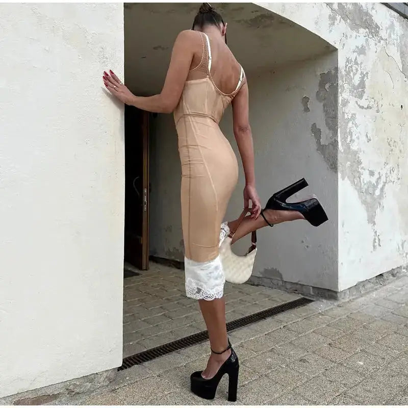 Women Sheer Mesh Overlay Midi Dress Waist Cinched Sleeveless Spaghetti Strap 2026 Summer Accessories Trendy Classy Lady Outfits by Dropshipman