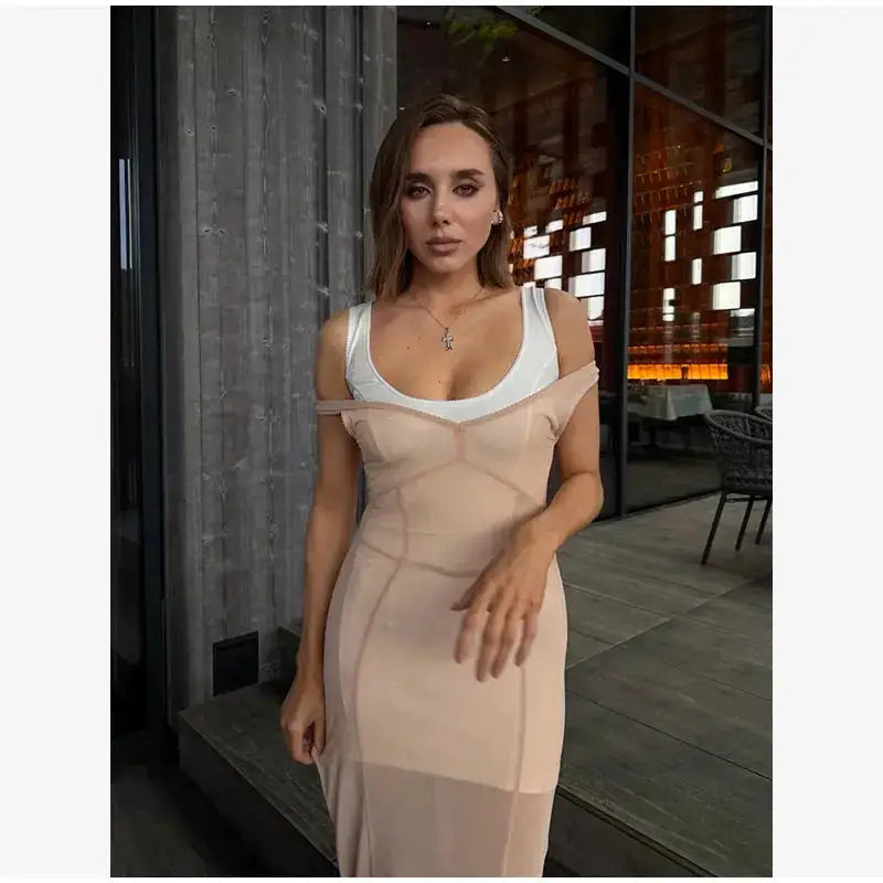 Women Sheer Mesh Overlay Midi Dress Waist Cinched Sleeveless Spaghetti Strap 2026 Summer Accessories Trendy Classy Lady Outfits by Dropshipman