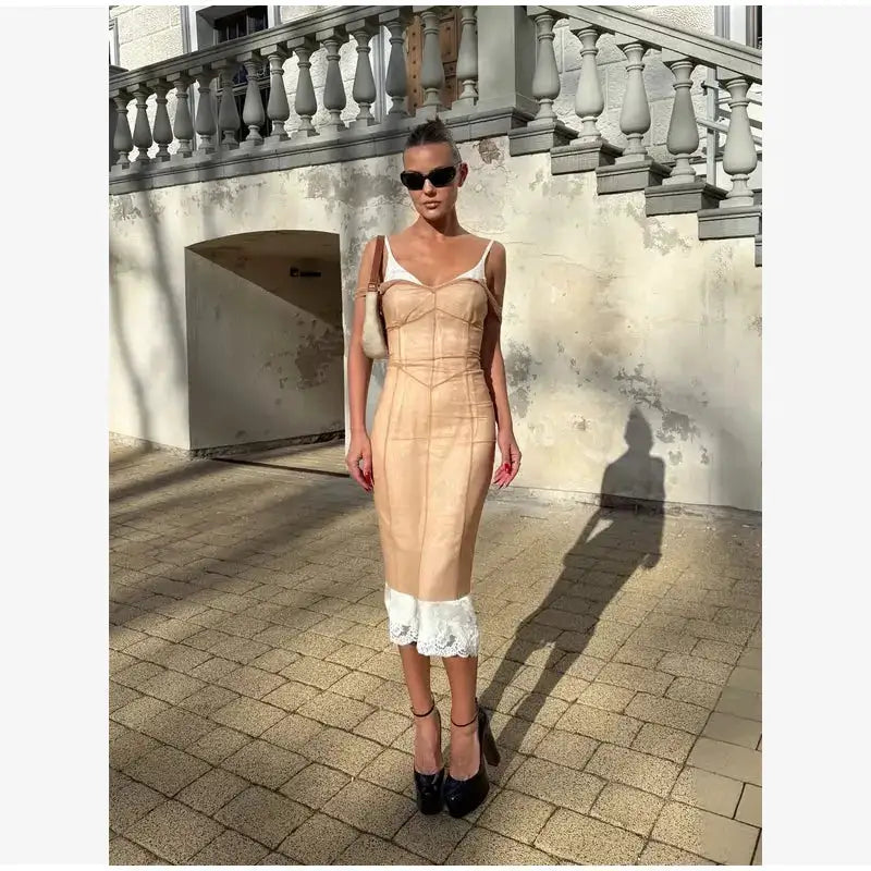 Women Sheer Mesh Overlay Midi Dress Waist Cinched Sleeveless Spaghetti Strap 2026 Summer Accessories Trendy Classy Lady Outfits by Dropshipman