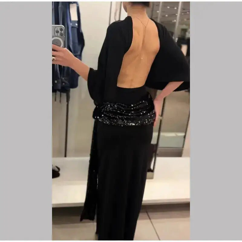Sequin Patchwork Backless Dress Women Elegant Solid Middle Sleeve Cinched-waist Slim Long Dresses Fashion Evening Party Vestidos by Dropshipman