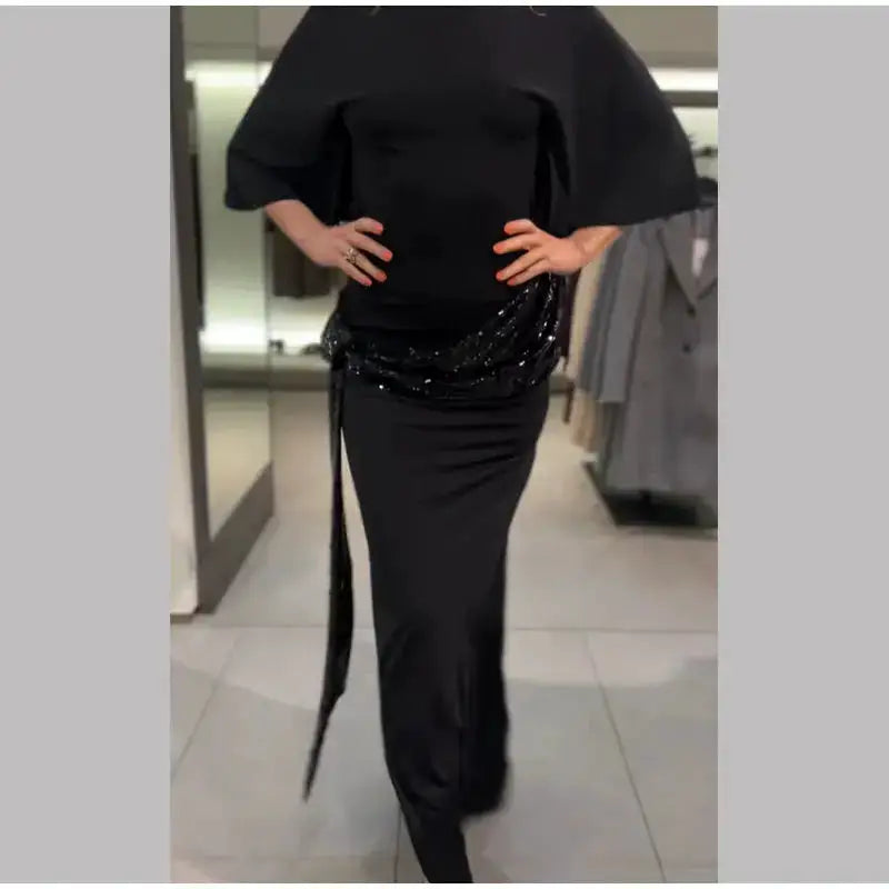 Sequin Patchwork Backless Dress Women Elegant Solid Middle Sleeve Cinched-waist Slim Long Dresses Fashion Evening Party Vestidos by Dropshipman