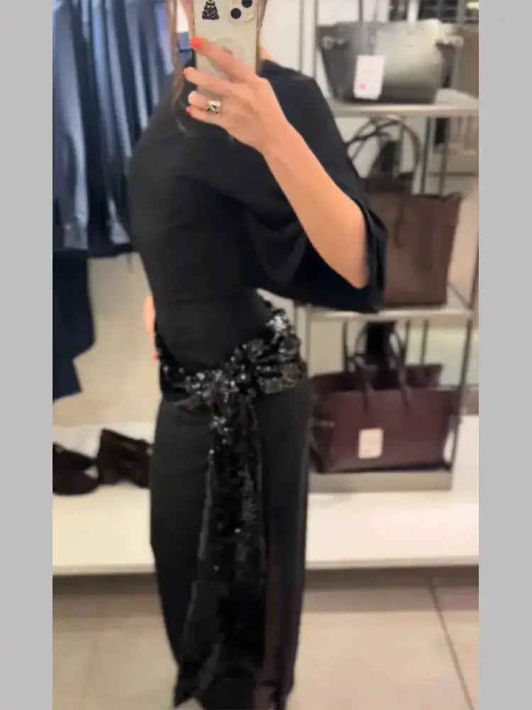 Sequin Patchwork Backless Dress Women Elegant Solid Middle Sleeve Cinched-waist Slim Long Dresses Fashion Evening Party Vestidos by Dropshipman